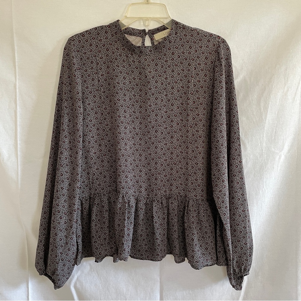 Loft Long Sleeve Peplum Blouse, Navy patten, Medium